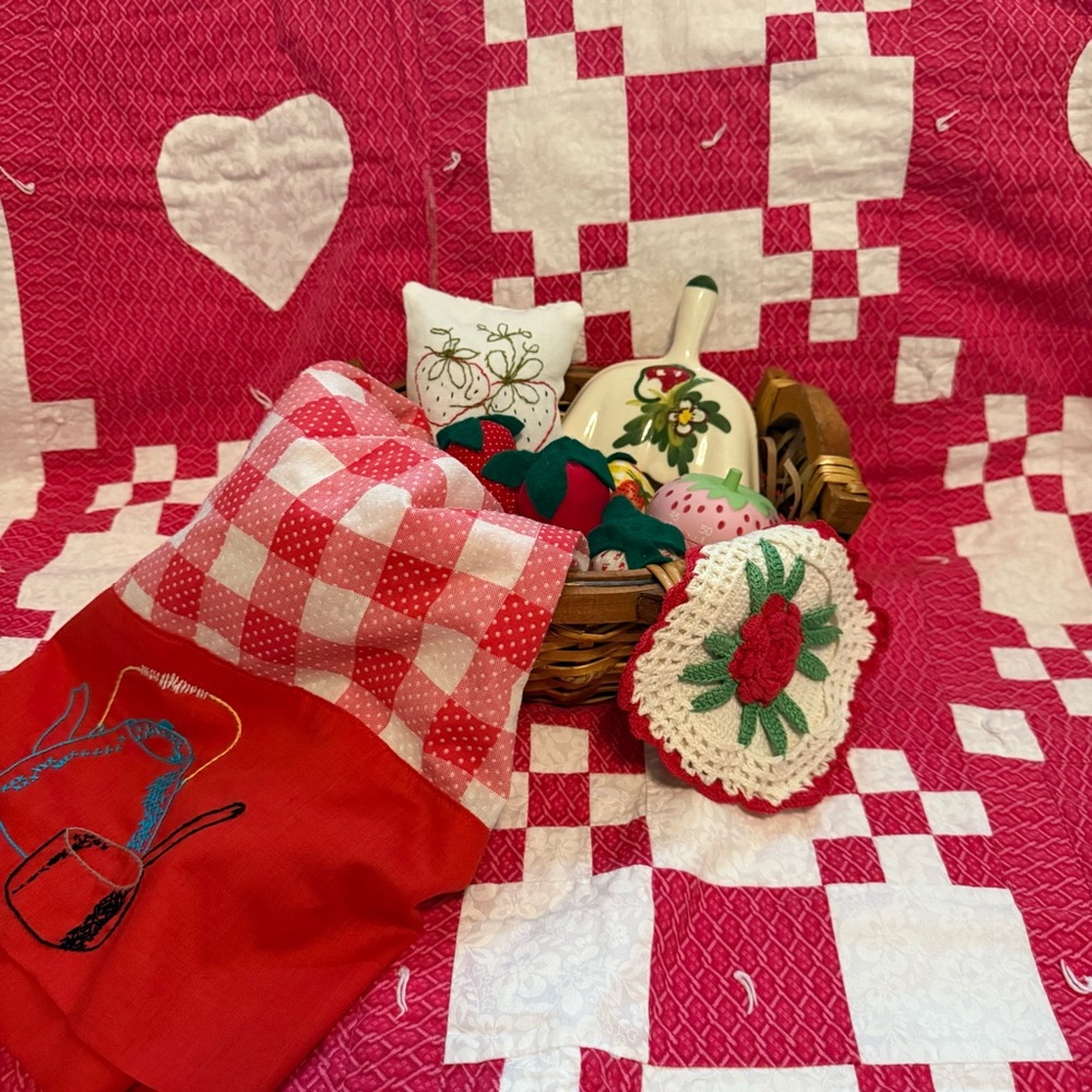 Vintage strawberry bundle vignette timer checked apron ceramic dustpan basket